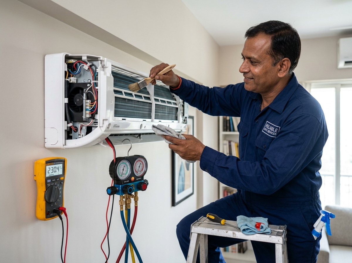 Technician servicing an air conditioner indoor split unit
