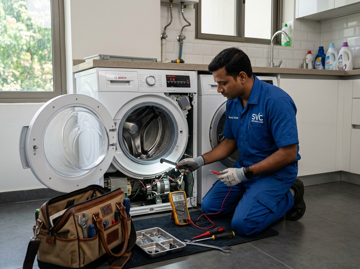 Technician servicing a front load washing machine drum